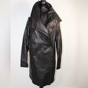 Helmut Lang Black Leather Coat | Asymmetrical Zip + Dramatic Sculptural Collar